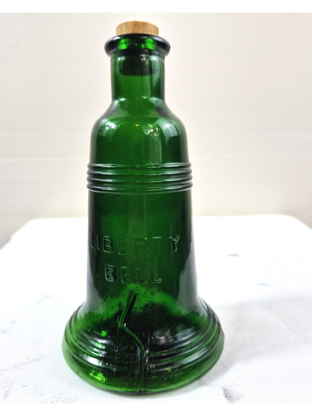 Liberty Bell Green Glass Bottle With Cork Stopper Vintage Decorative Taiwan
